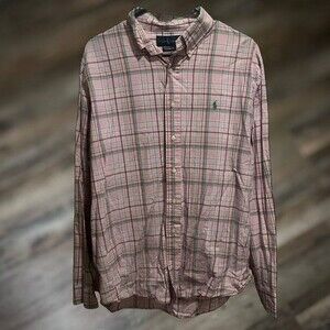 Ralph Lauren Men's Long Sleeve Plaid XL Button-Down Polo Dress Shirt - Pink